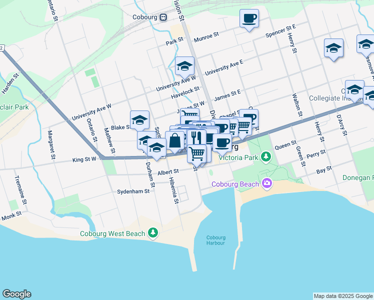 map of restaurants, bars, coffee shops, grocery stores, and more near 74 King Street West in Cobourg