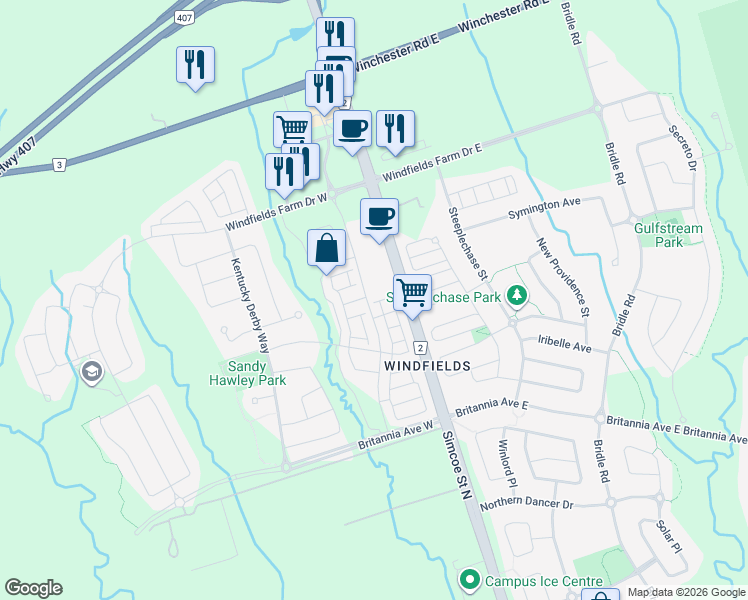 map of restaurants, bars, coffee shops, grocery stores, and more near 2476 Rosedrop Path in Oshawa