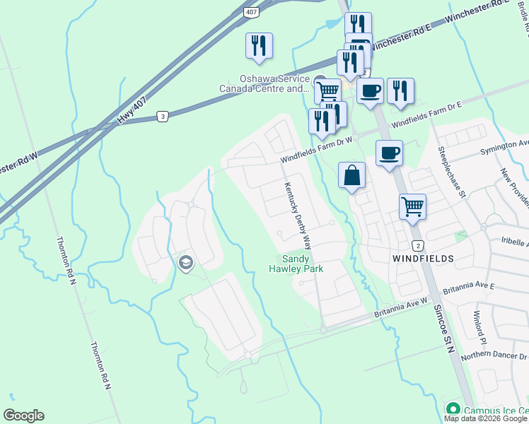 map of restaurants, bars, coffee shops, grocery stores, and more near 237 South Ocean Drive in Oshawa
