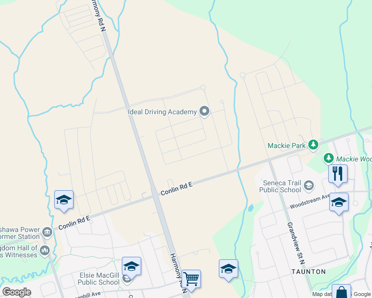 map of restaurants, bars, coffee shops, grocery stores, and more near 1120 Conlin Road East in Oshawa