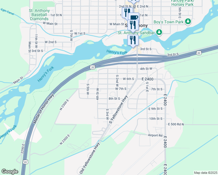 map of restaurants, bars, coffee shops, grocery stores, and more near South 2nd West in Saint Anthony