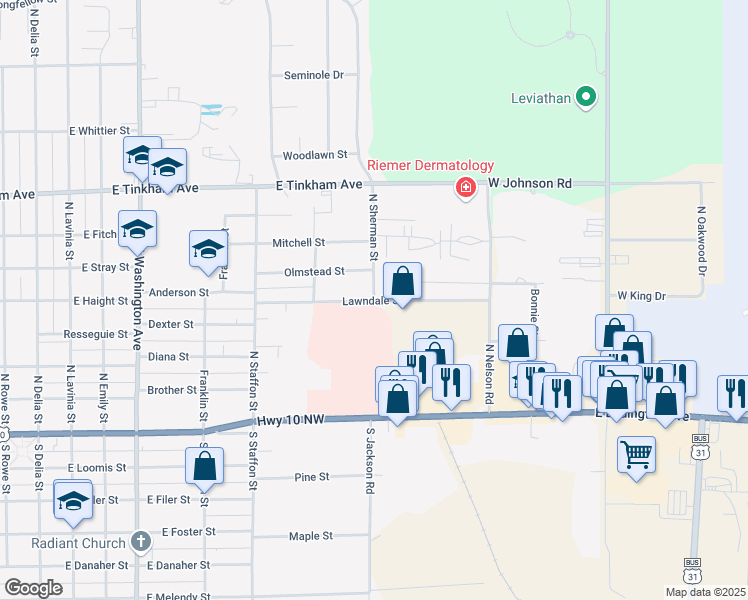 map of restaurants, bars, coffee shops, grocery stores, and more near 1027 Lawndale Street in Ludington