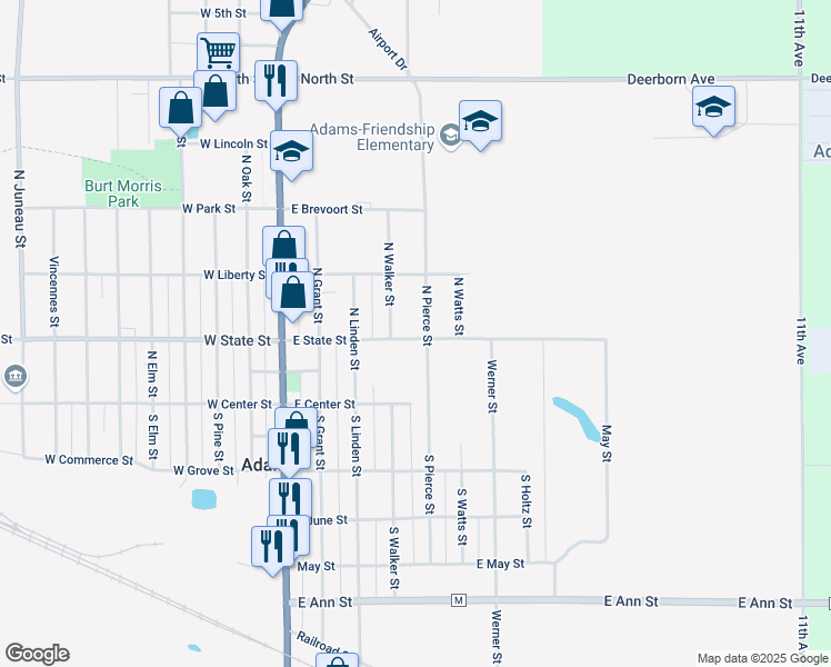 map of restaurants, bars, coffee shops, grocery stores, and more near 225 North Pierce Street in Adams