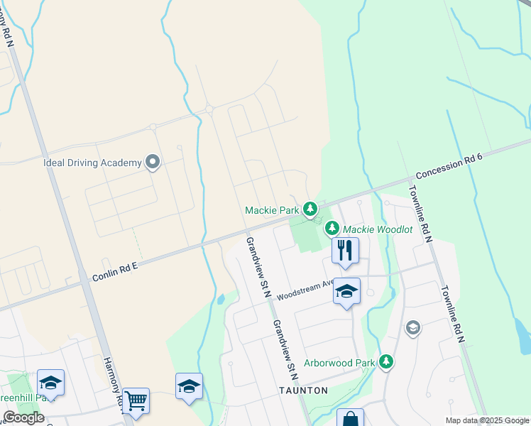 map of restaurants, bars, coffee shops, grocery stores, and more near 1440 Conlin Road East in Oshawa