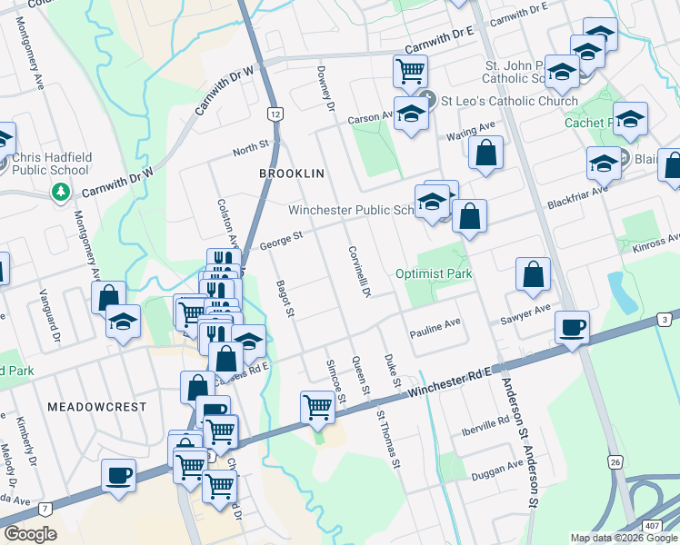 map of restaurants, bars, coffee shops, grocery stores, and more near 73 Queen Street in Whitby