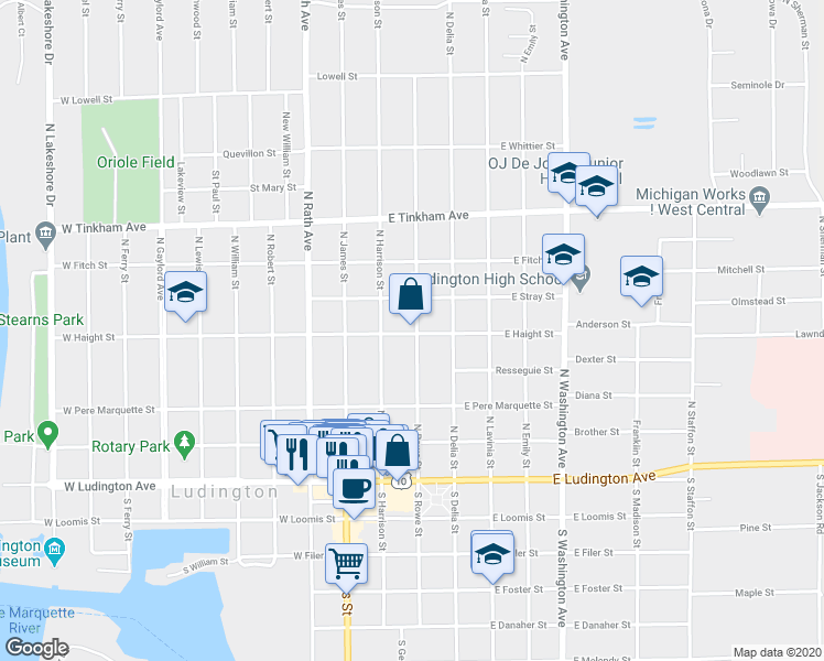 map of restaurants, bars, coffee shops, grocery stores, and more near 409 North Rowe Street in Ludington
