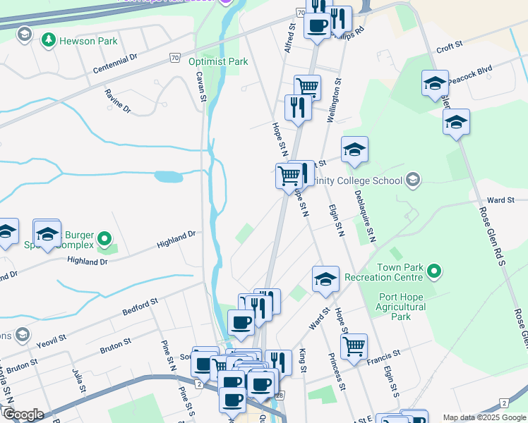 map of restaurants, bars, coffee shops, grocery stores, and more near 18 Caroline Street in Port Hope