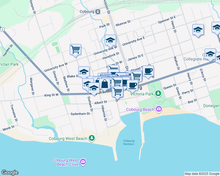 map of restaurants, bars, coffee shops, grocery stores, and more near in Cobourg
