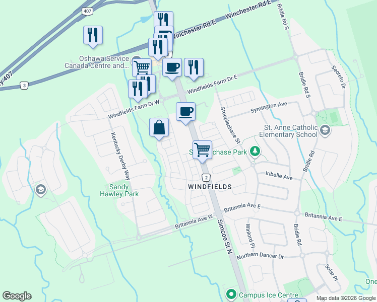map of restaurants, bars, coffee shops, grocery stores, and more near 2494 Rosedrop Path in Oshawa