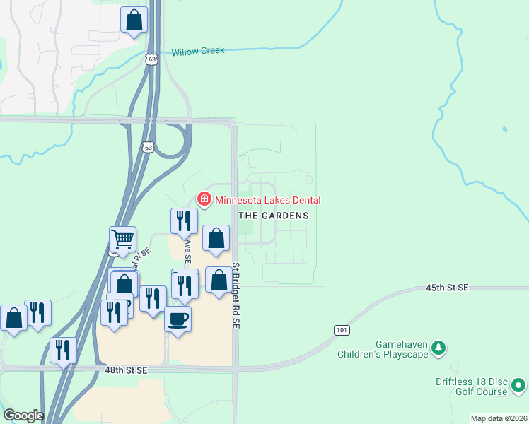 map of restaurants, bars, coffee shops, grocery stores, and more near 4213 Fern Avenue Southeast in Rochester