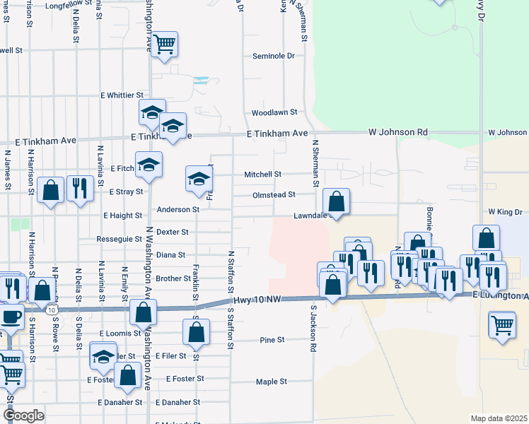 map of restaurants, bars, coffee shops, grocery stores, and more near 919 Lawndale Street in Ludington