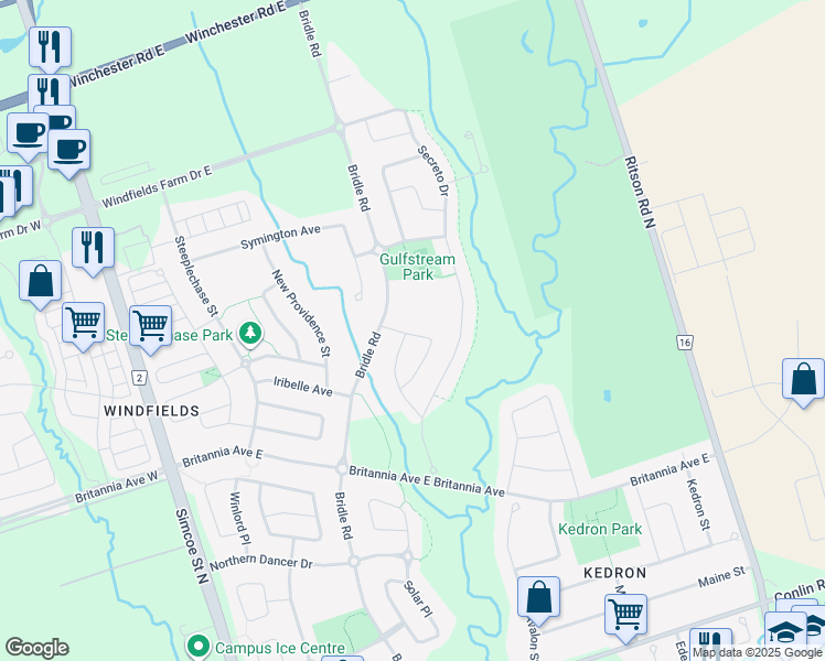 map of restaurants, bars, coffee shops, grocery stores, and more near 228 Pimlico Drive in Oshawa