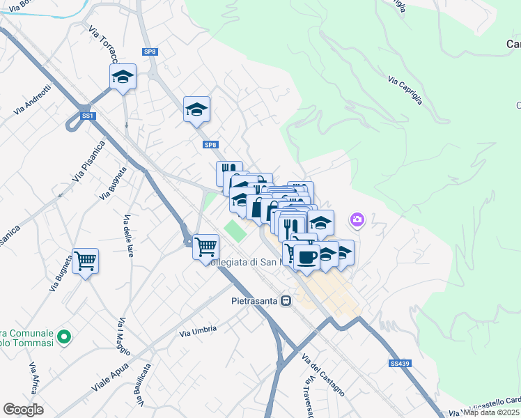 map of restaurants, bars, coffee shops, grocery stores, and more near 2 Via Martiri di S. Anna in Pietrasanta