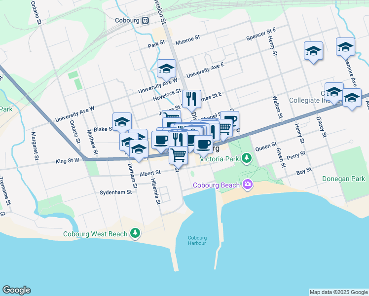 map of restaurants, bars, coffee shops, grocery stores, and more near 40 King Street West in Cobourg