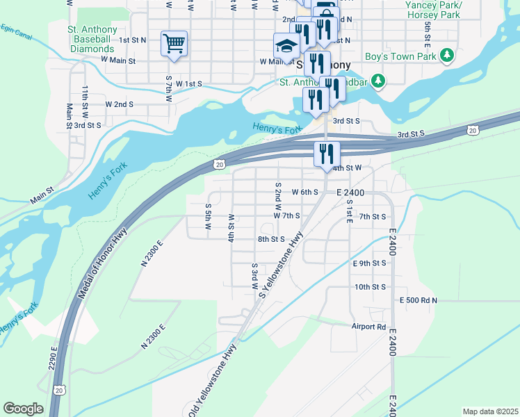 map of restaurants, bars, coffee shops, grocery stores, and more near 200-298 W 6th S in St Anthony