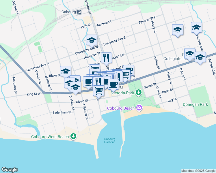 map of restaurants, bars, coffee shops, grocery stores, and more near 40 King Street West in Cobourg