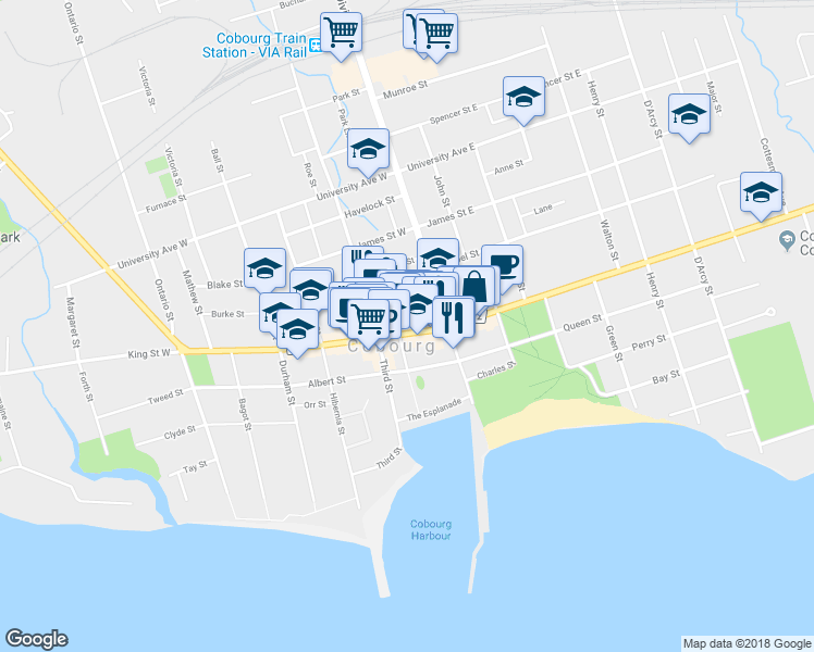 map of restaurants, bars, coffee shops, grocery stores, and more near 40 King Street West in Cobourg
