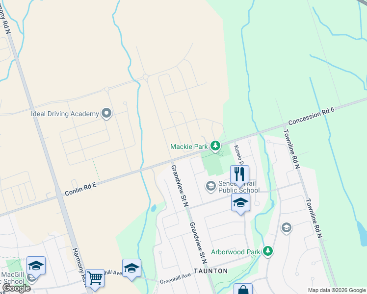 map of restaurants, bars, coffee shops, grocery stores, and more near 1440 Conlin Road East in Oshawa