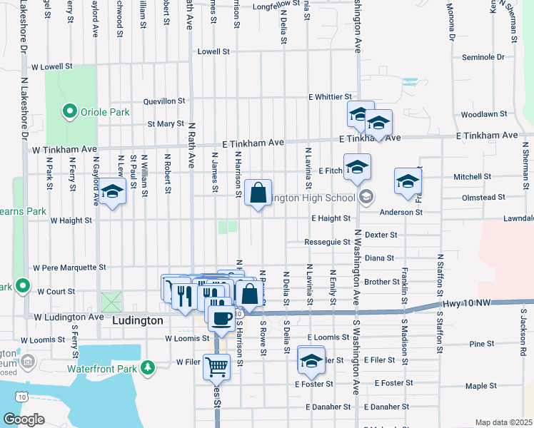 map of restaurants, bars, coffee shops, grocery stores, and more near 402 North Rowe Street in Ludington