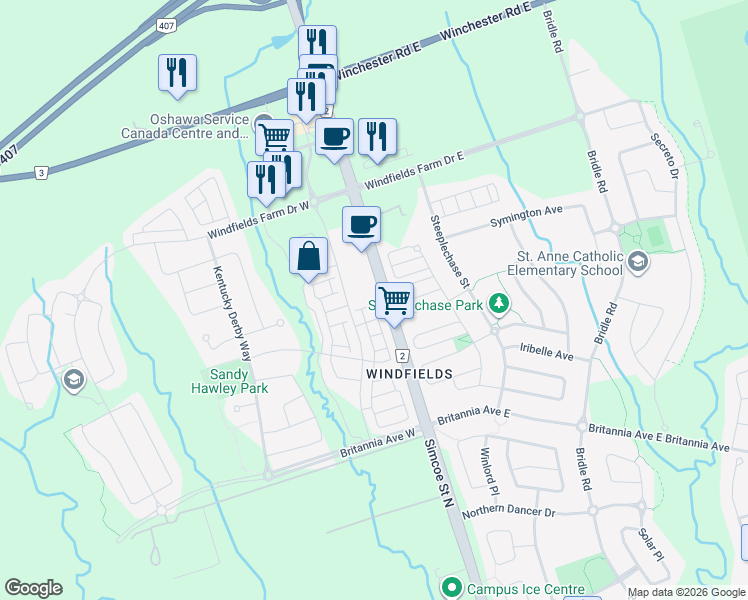 map of restaurants, bars, coffee shops, grocery stores, and more near 2502 Rosedrop Path in Oshawa