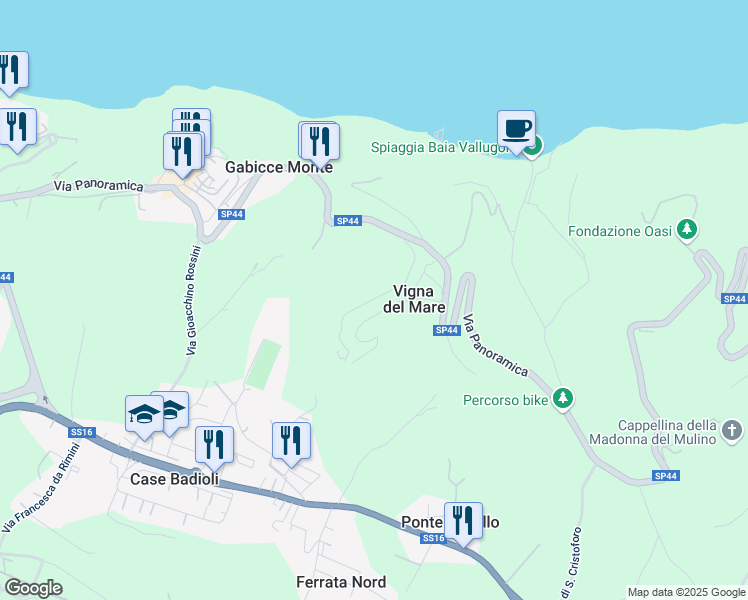map of restaurants, bars, coffee shops, grocery stores, and more near Via delle Selve in Provincia di Pesaro e Urbino