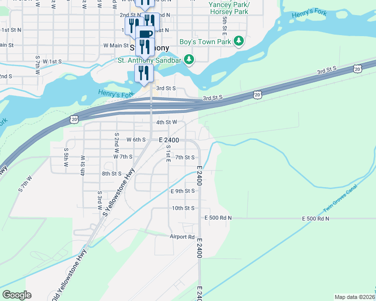map of restaurants, bars, coffee shops, grocery stores, and more near East 6th South in Saint Anthony