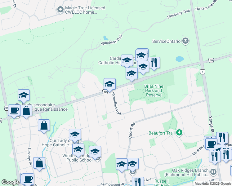 map of restaurants, bars, coffee shops, grocery stores, and more near 3 Bloomfield Trail in Richmond Hill