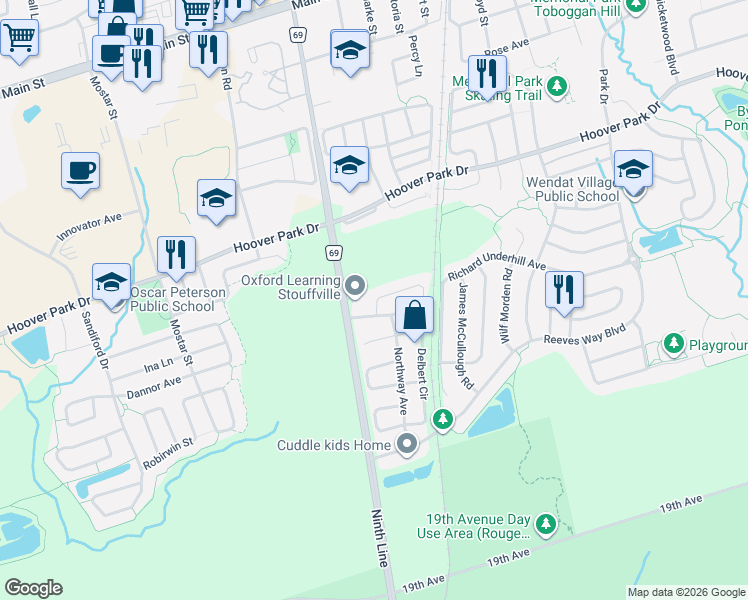 map of restaurants, bars, coffee shops, grocery stores, and more near 221 Delbert Circle in Whitchurch-Stouffville