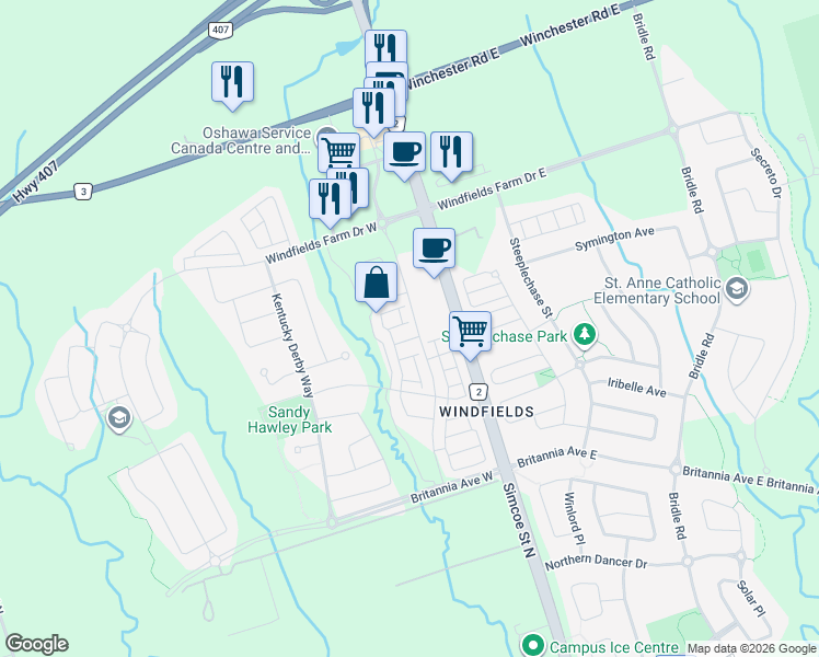 map of restaurants, bars, coffee shops, grocery stores, and more near 2570 Bromus Path in Oshawa