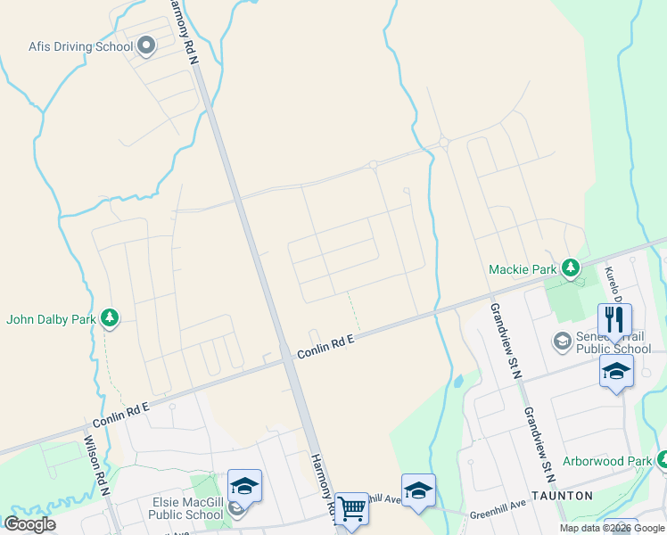 map of restaurants, bars, coffee shops, grocery stores, and more near 2107 Hallandale Street in Oshawa