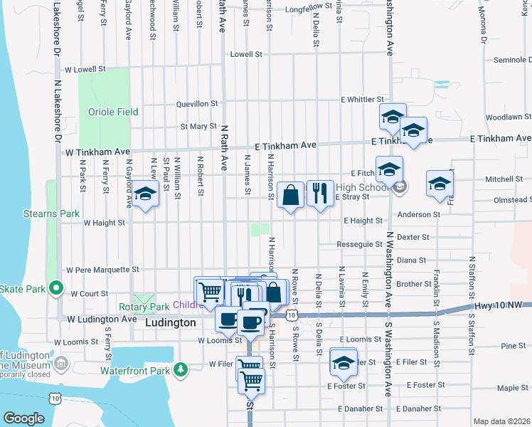 map of restaurants, bars, coffee shops, grocery stores, and more near 403 North Harrison Street in Ludington