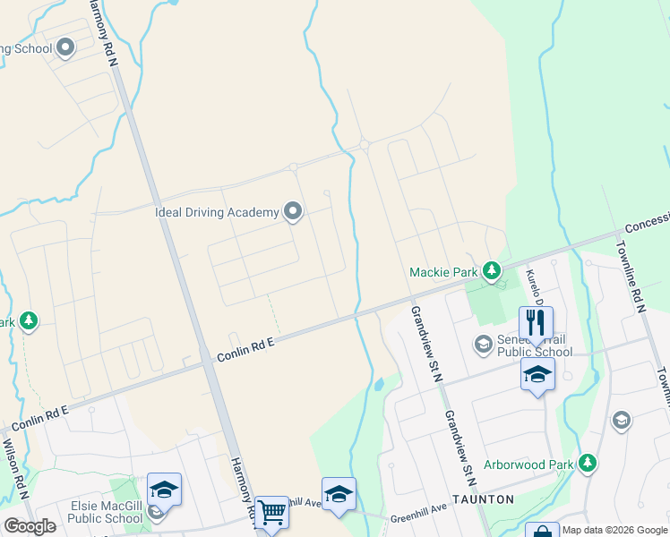 map of restaurants, bars, coffee shops, grocery stores, and more near 1268 Klondike Drive in Oshawa