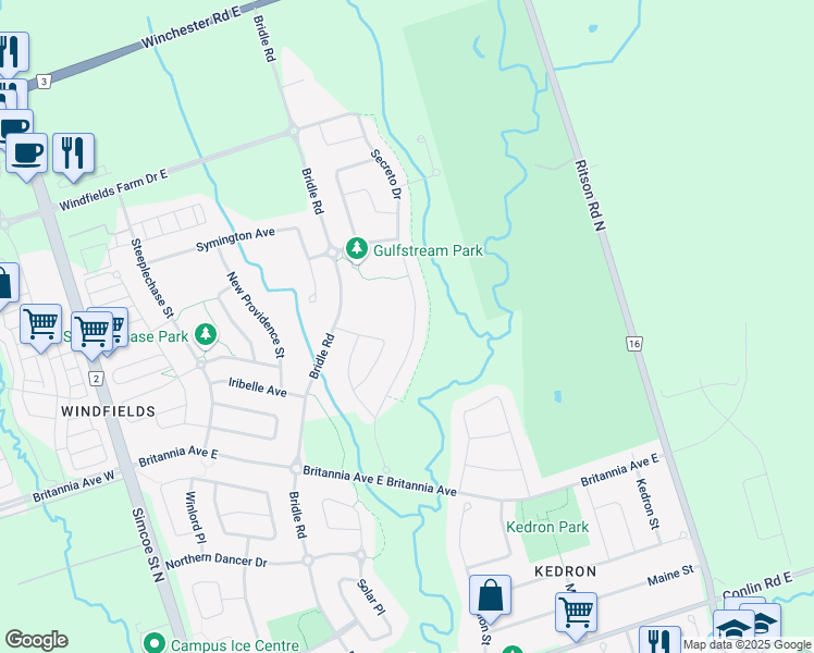 map of restaurants, bars, coffee shops, grocery stores, and more near 2380 Secreto Drive in Oshawa