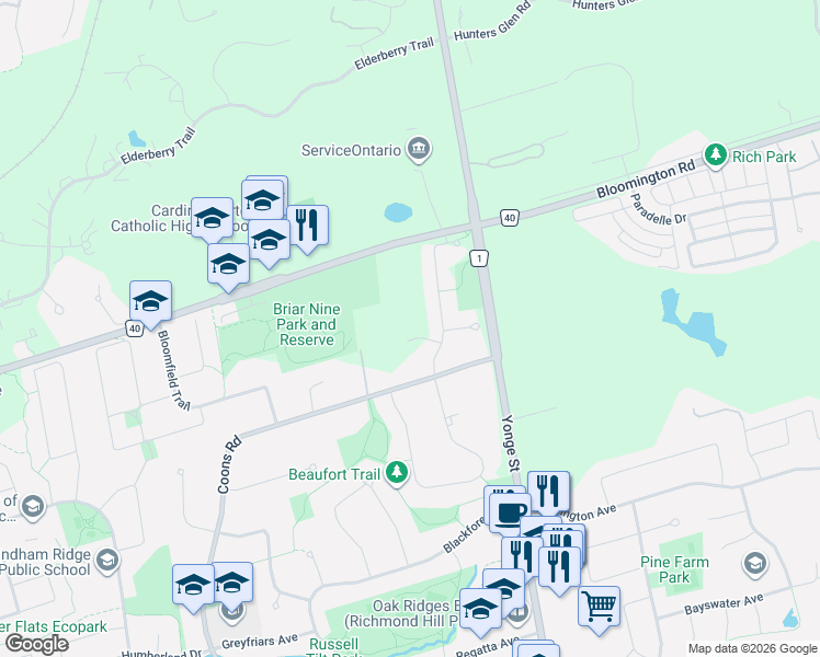 map of restaurants, bars, coffee shops, grocery stores, and more near 12 Grovepark Street in Richmond Hill
