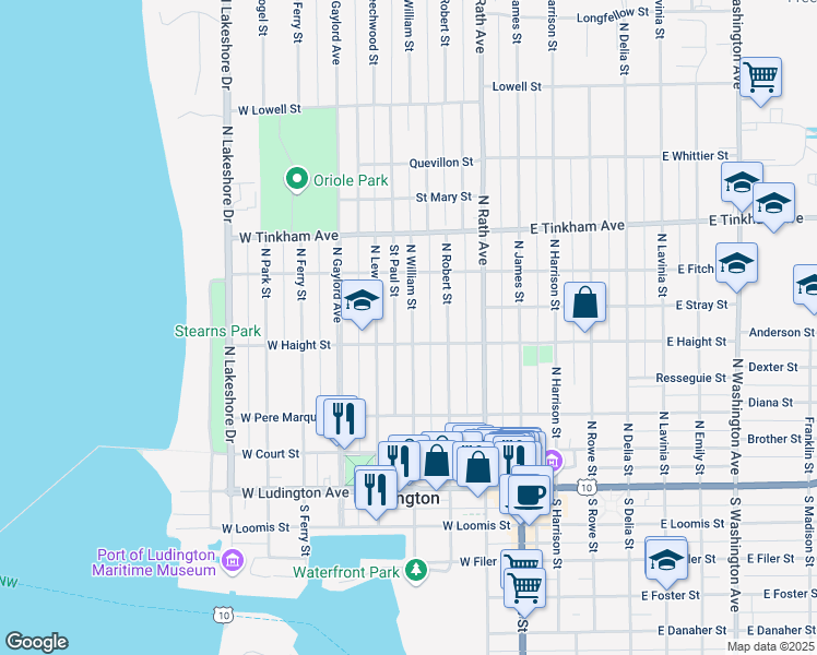 map of restaurants, bars, coffee shops, grocery stores, and more near 423 North William Street in Ludington