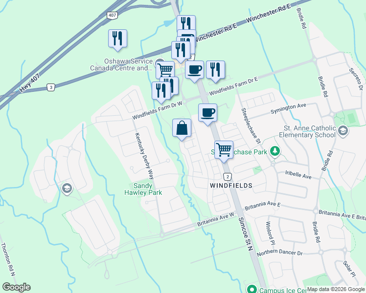 map of restaurants, bars, coffee shops, grocery stores, and more near 2502 Bromus Path in Oshawa