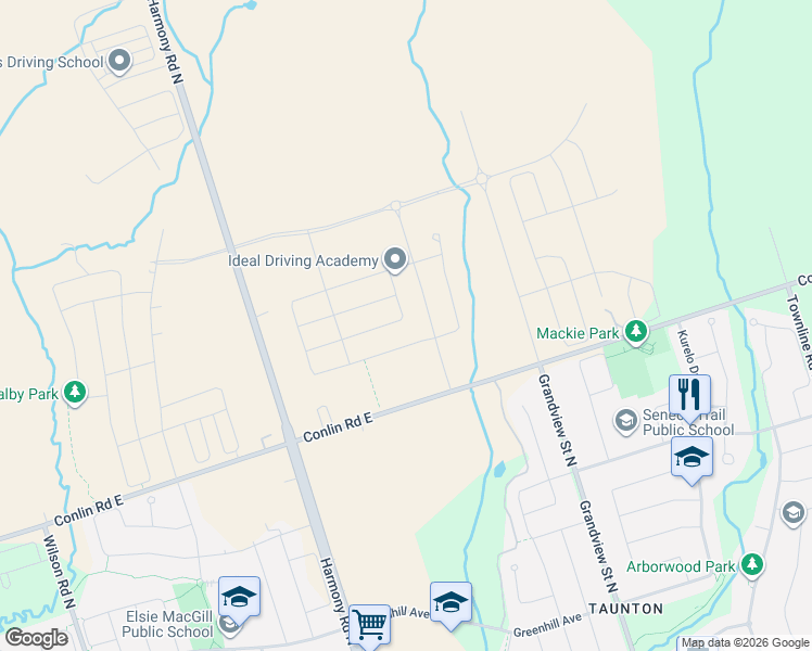 map of restaurants, bars, coffee shops, grocery stores, and more near 1231 Plymouth Drive in Oshawa
