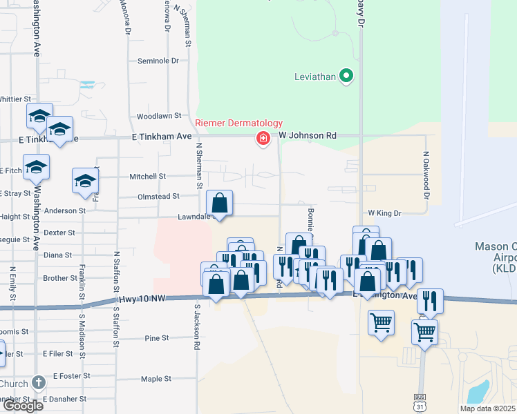 map of restaurants, bars, coffee shops, grocery stores, and more near 1198 Pineway Street in Ludington