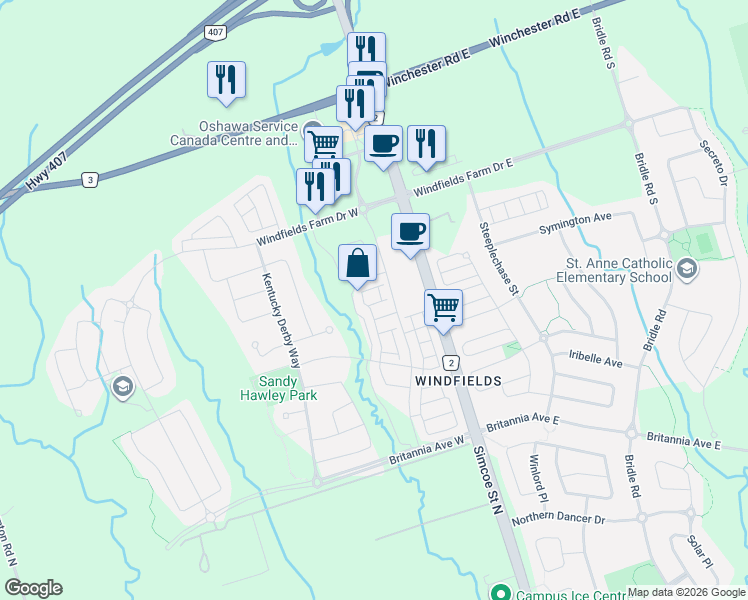 map of restaurants, bars, coffee shops, grocery stores, and more near 2589 Bromus Path in Oshawa