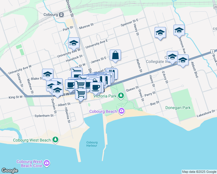 map of restaurants, bars, coffee shops, grocery stores, and more near 43 King Street East in Cobourg