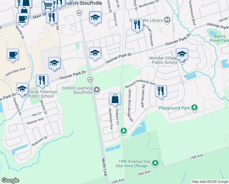 map of restaurants, bars, coffee shops, grocery stores, and more near 163 Delbert Circle in Whitchurch-Stouffville