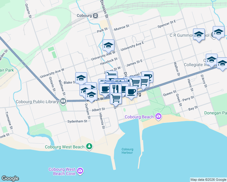 map of restaurants, bars, coffee shops, grocery stores, and more near in Cobourg