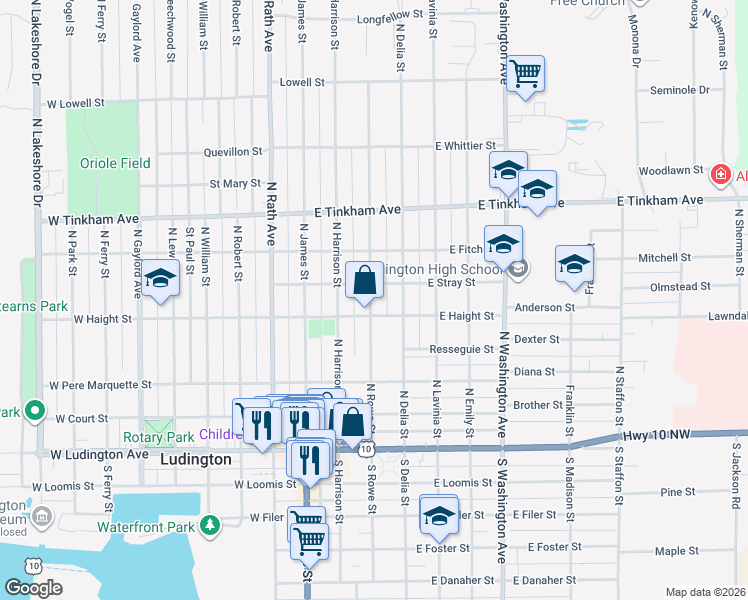 map of restaurants, bars, coffee shops, grocery stores, and more near 409 North Rowe Street in Ludington