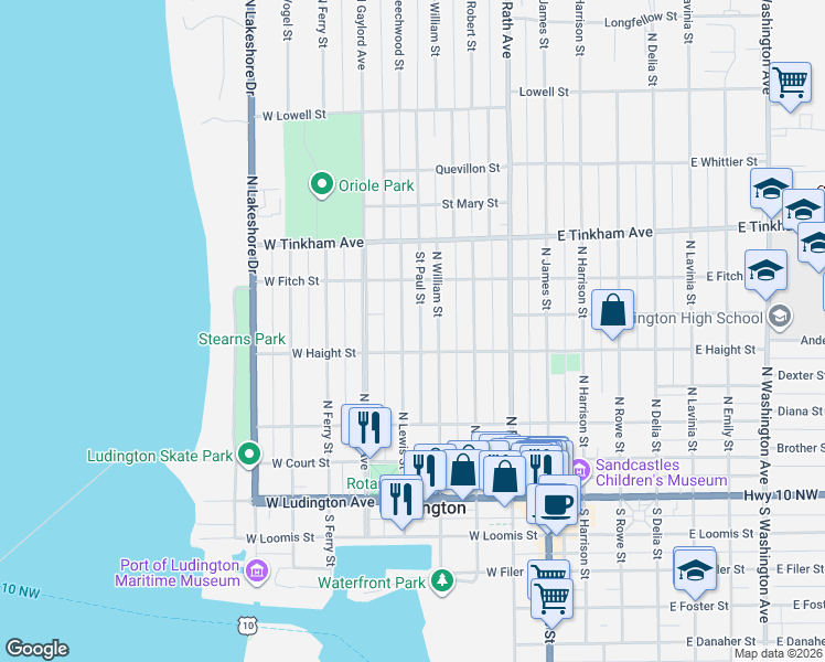map of restaurants, bars, coffee shops, grocery stores, and more near 423 North William Street in Ludington