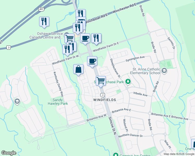 map of restaurants, bars, coffee shops, grocery stores, and more near 2545 Simcoe Street North in Oshawa