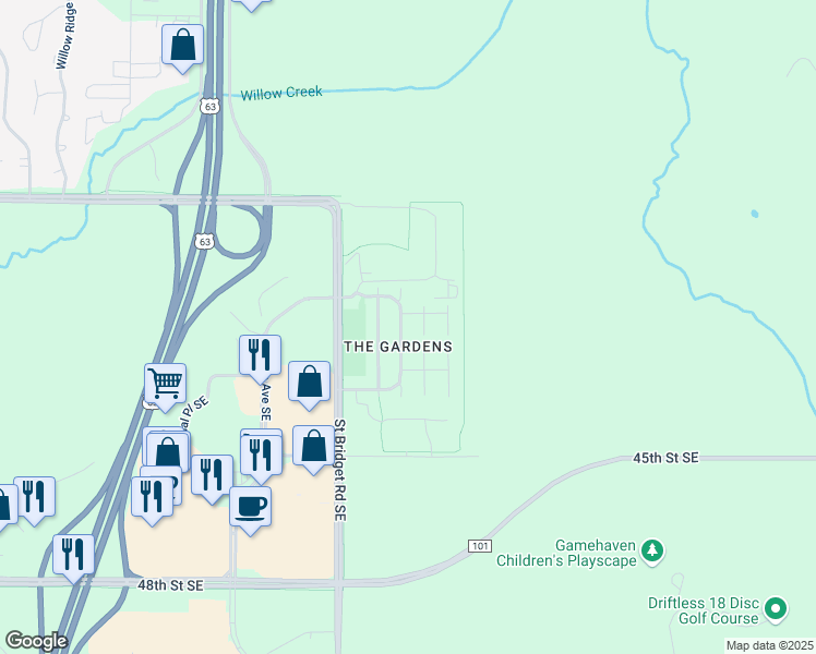 map of restaurants, bars, coffee shops, grocery stores, and more near 508 Geranium Street Southeast in Rochester