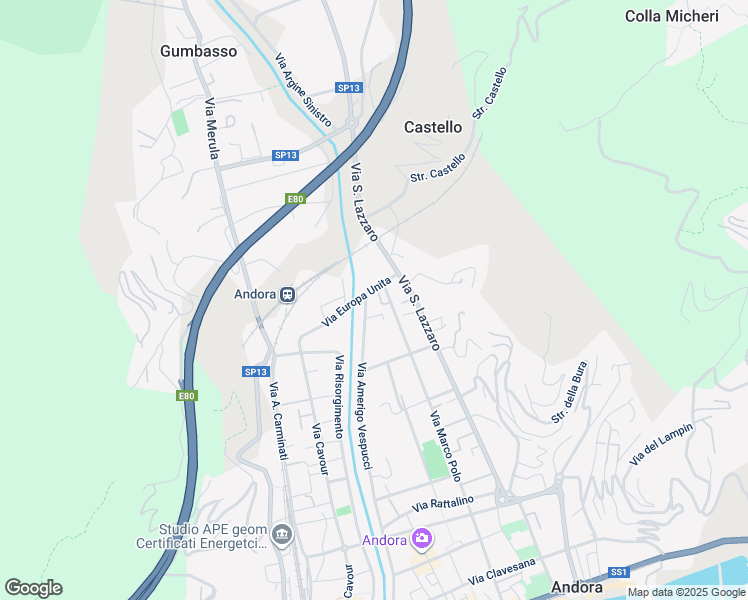 map of restaurants, bars, coffee shops, grocery stores, and more near 72 Via Amerigo Vespucci in Marina di Andora