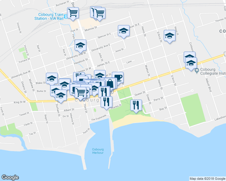 map of restaurants, bars, coffee shops, grocery stores, and more near in Cobourg