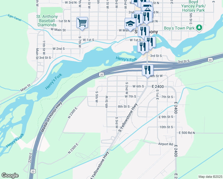 map of restaurants, bars, coffee shops, grocery stores, and more near 336 West 6th South in Saint Anthony