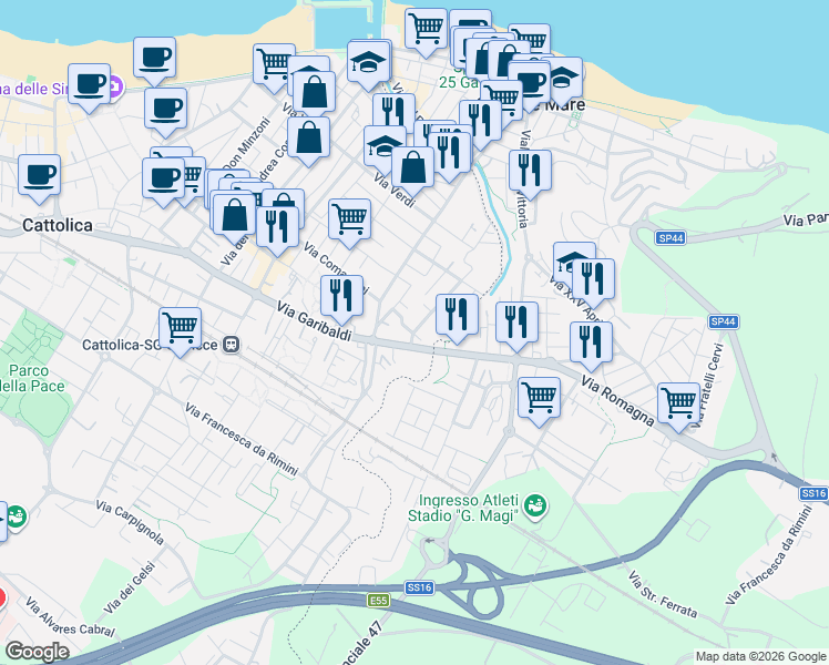 map of restaurants, bars, coffee shops, grocery stores, and more near 27A Via A. Vivaldi in Cattolica